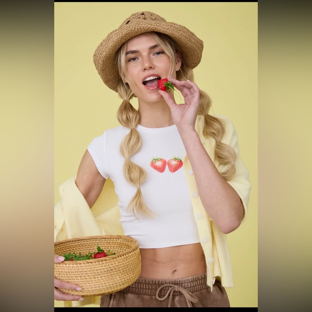 White Strawberry Graphic Crop Top - Women